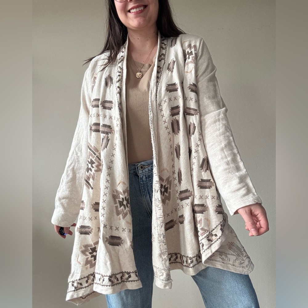 Lucky Embroidered Boho Beige Waterfall Cardigan